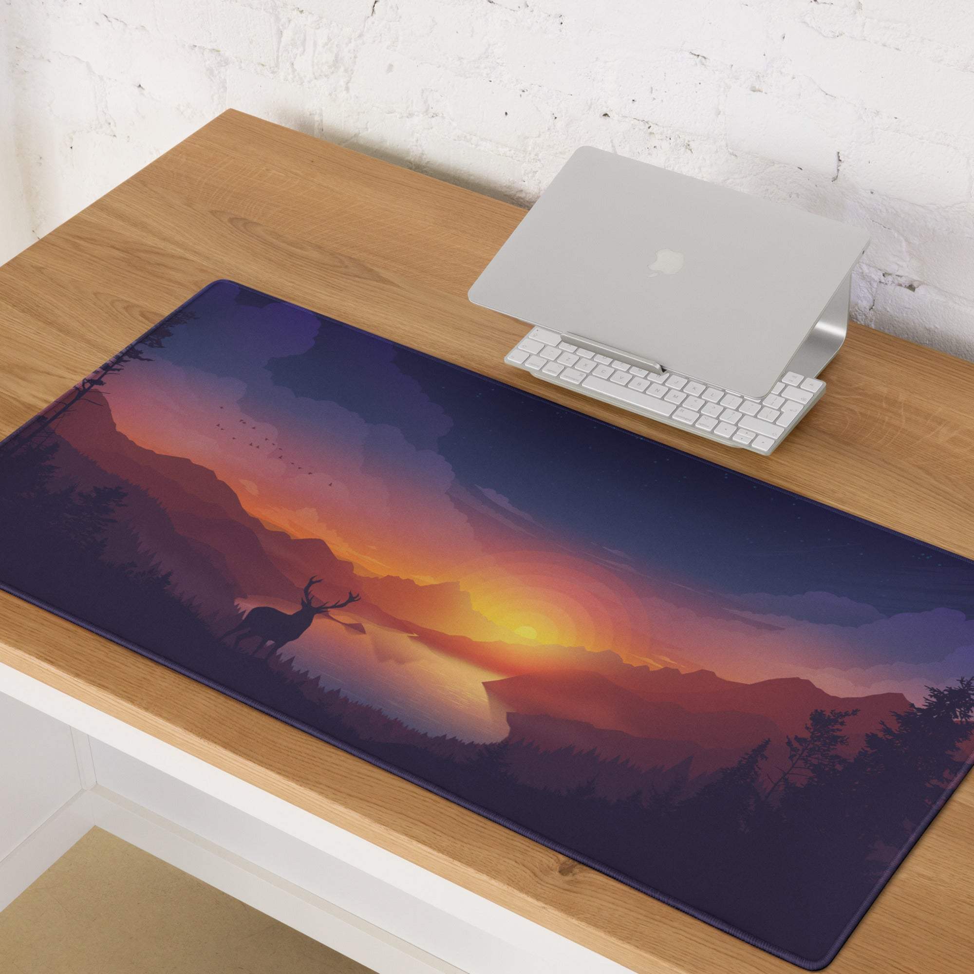 Tranquil purple mountain sunset gaming mouse pad with deer silhouette