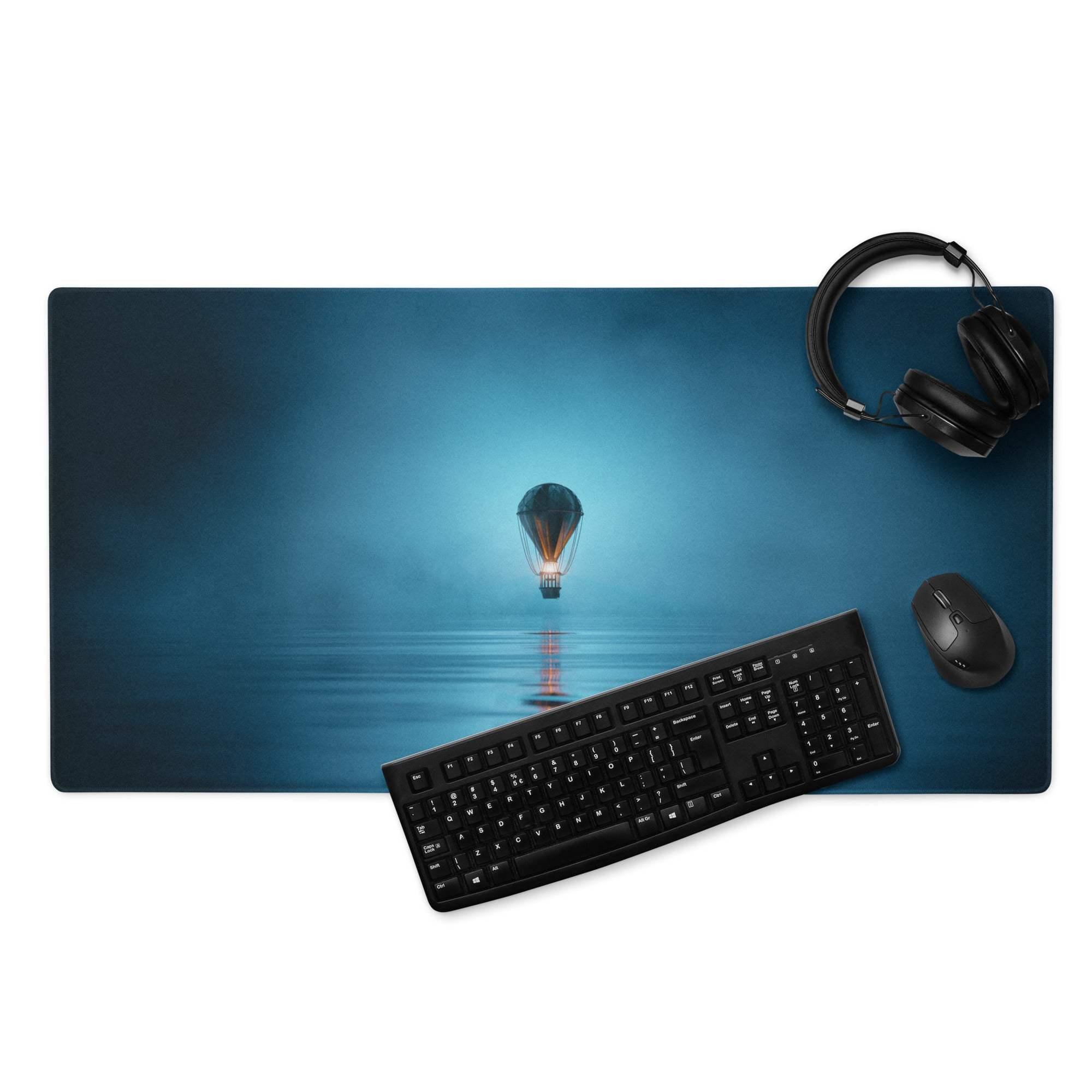 Blue dreamy ocean mousepad with glowing balloon over water reflection