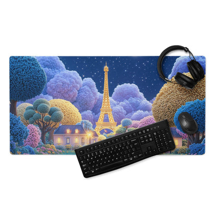 Dreamy Paris Nightscape large gaming mouse pad with Eiffel Tower starry sky art