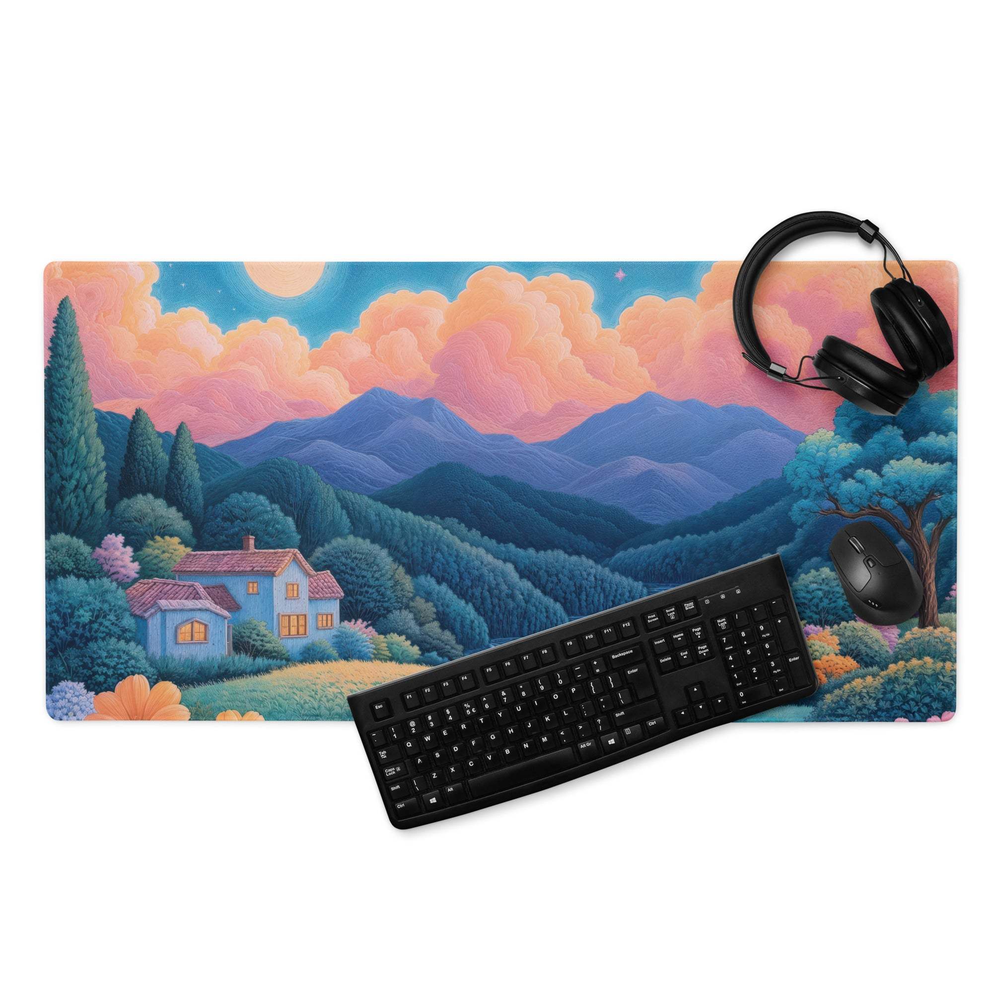 Dreamy landscape mountain village gaming mouse pad with sunset and blues