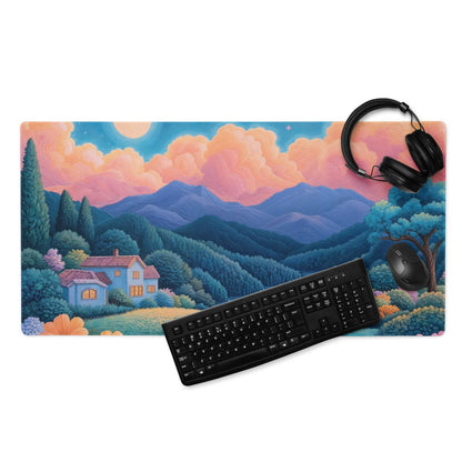 Dreamy landscape mountain village gaming mouse pad with sunset and blues
