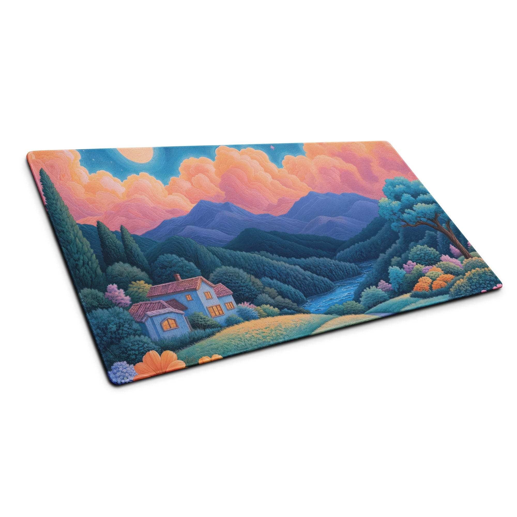Dreamy landscape mountain village gaming mouse pad with sunset orange sky