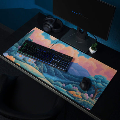 Dreamy landscape mountain village gaming mouse pad with sunset orange azure blues