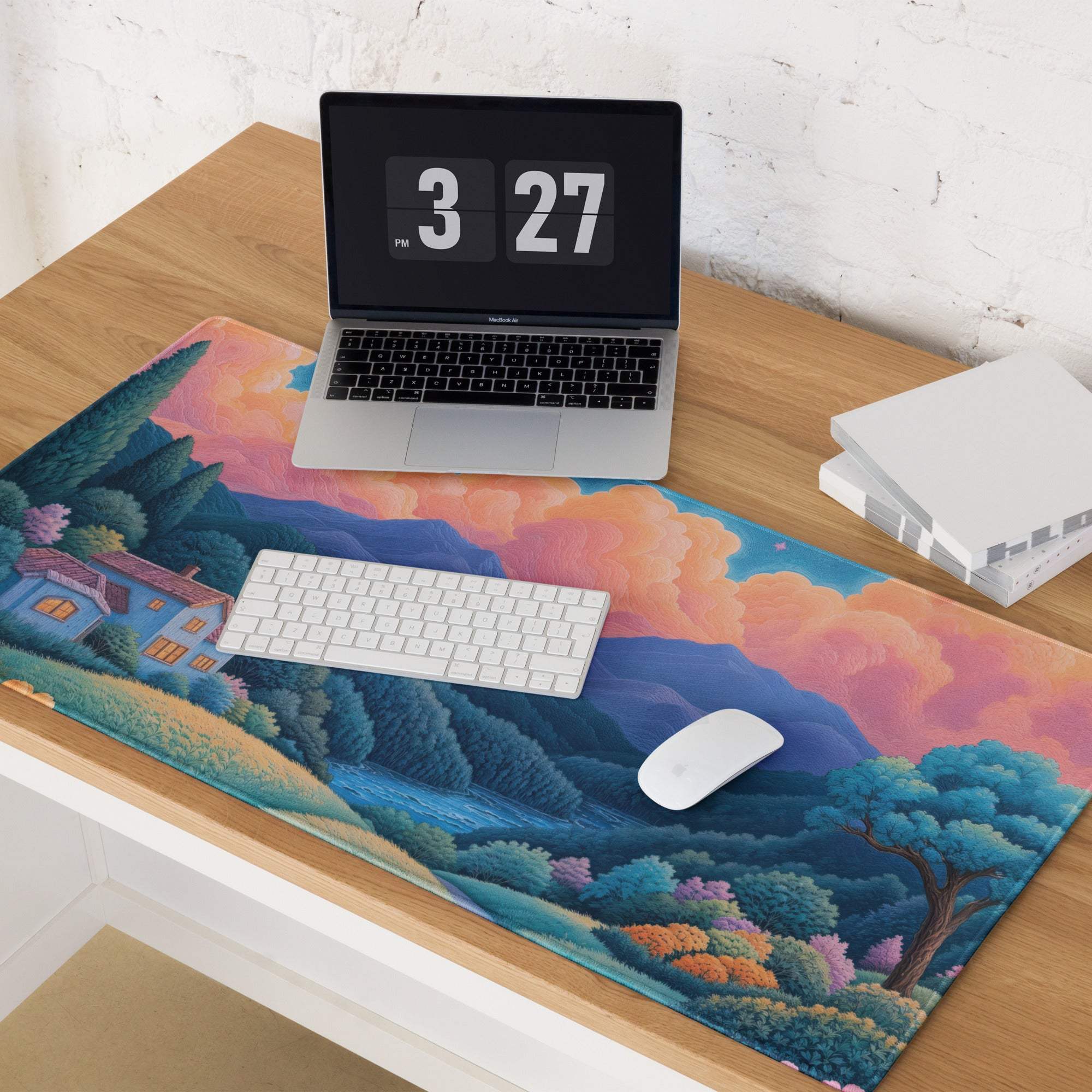 Dreamy landscape large gaming mouse pad with sunset orange azure blues mountains village