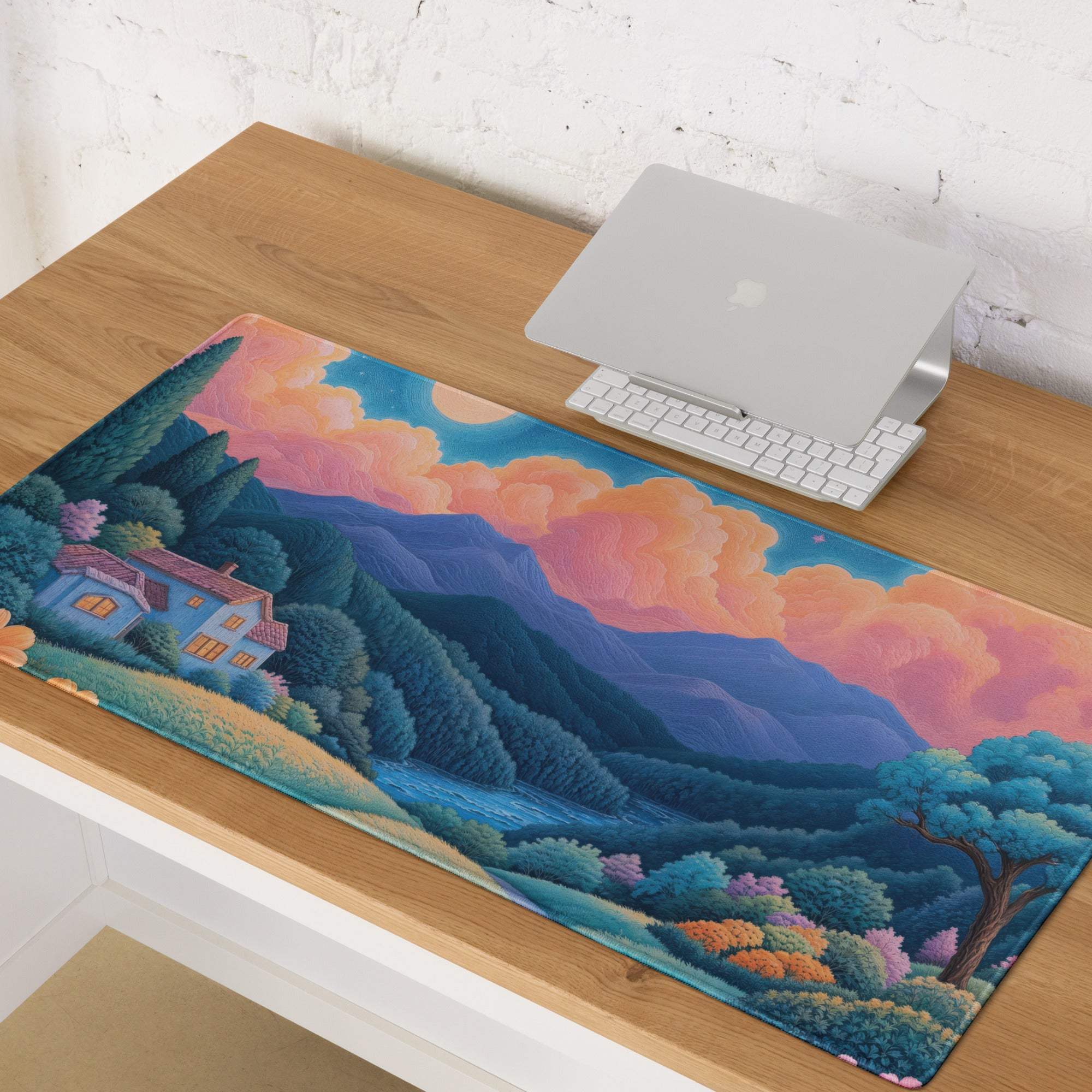 Dreamy landscape large gaming mouse pad with sunset orange skies and mountains