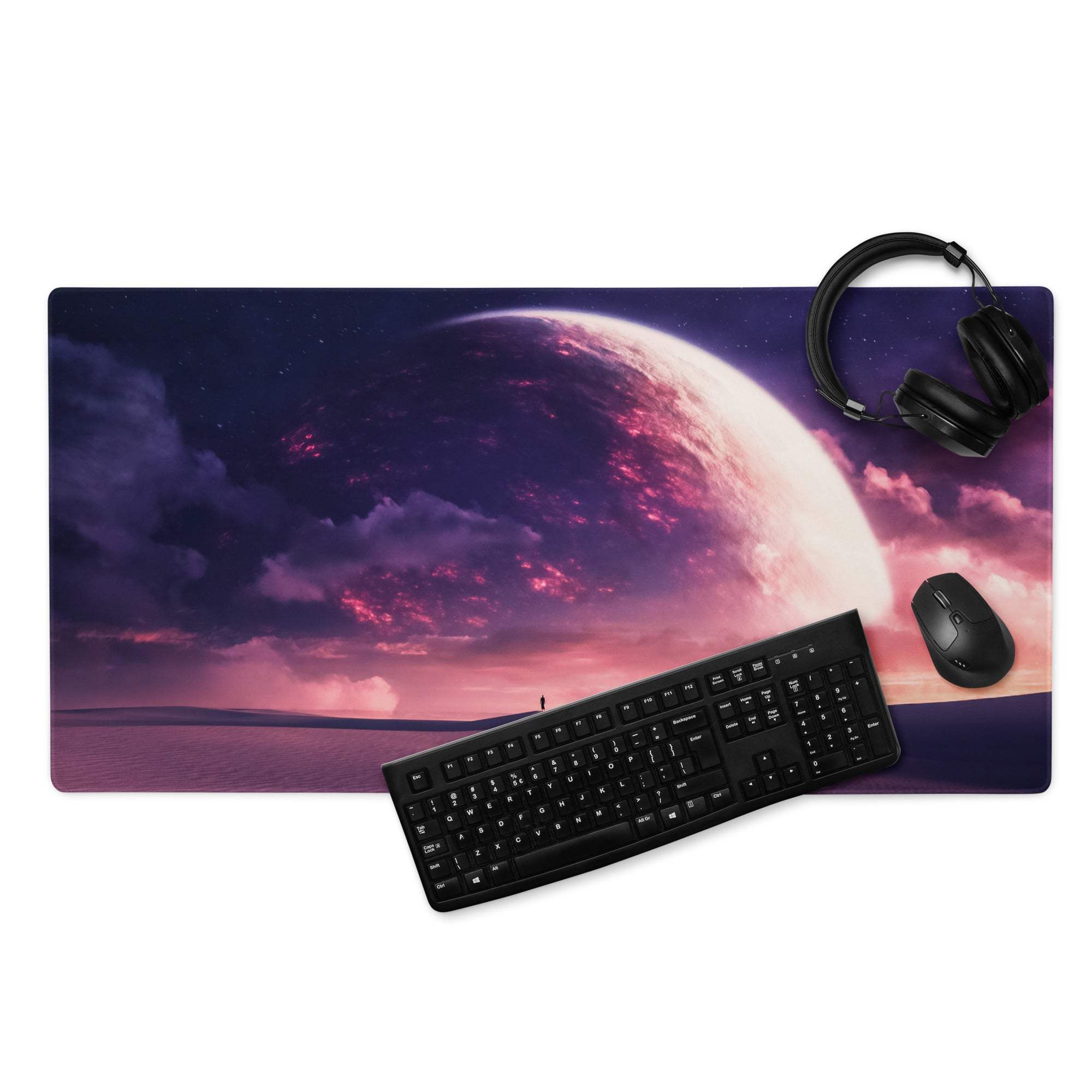 Cosmic Dusk Nebula gaming mousepad with purple pink planet scene