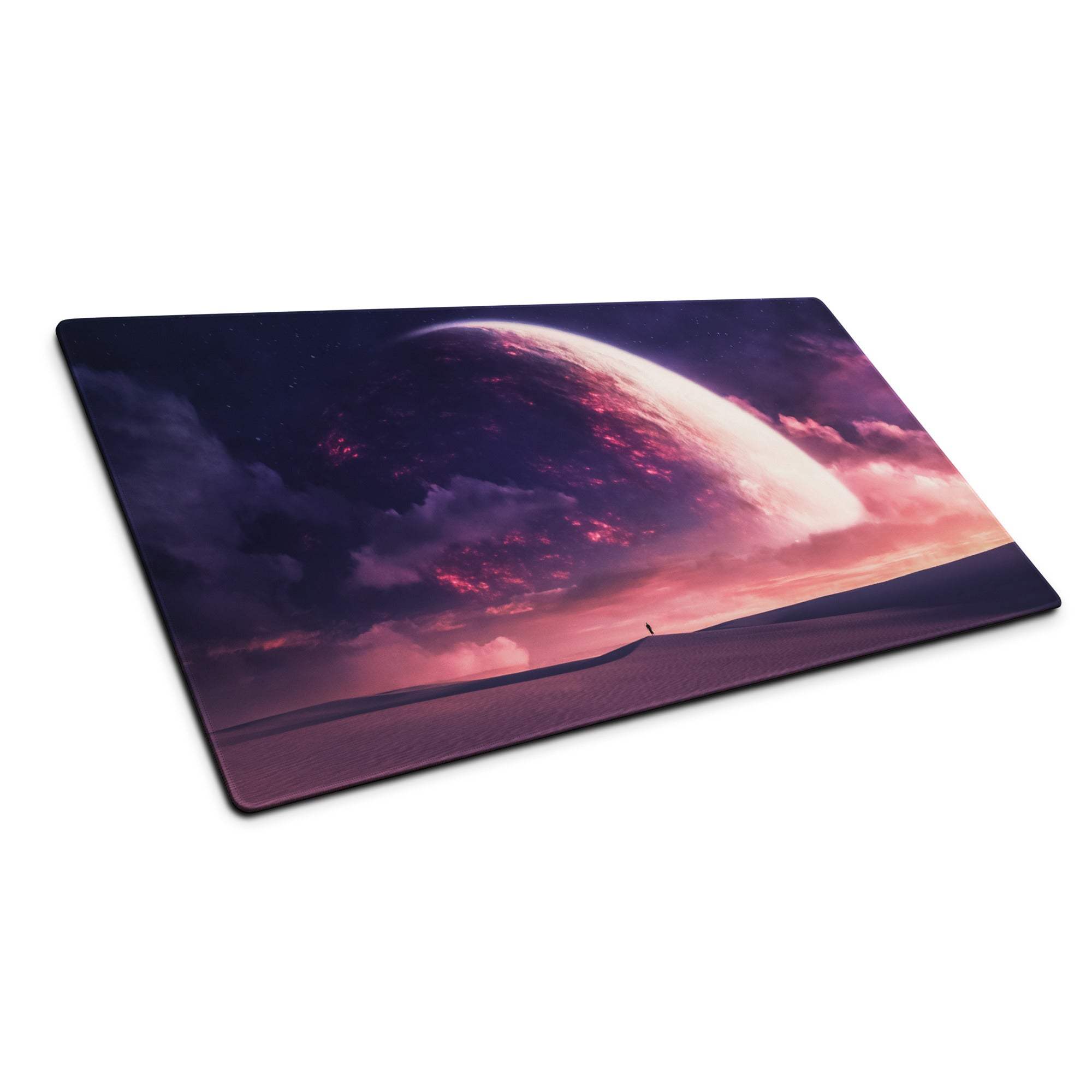 Cosmic Dusk Nebula gaming mousepad with purple pink nebula planet scene