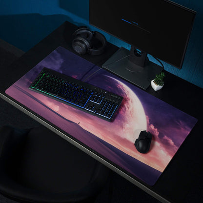 Purple pink cosmic dusk nebula starfield gaming mouse pad with sunset planet