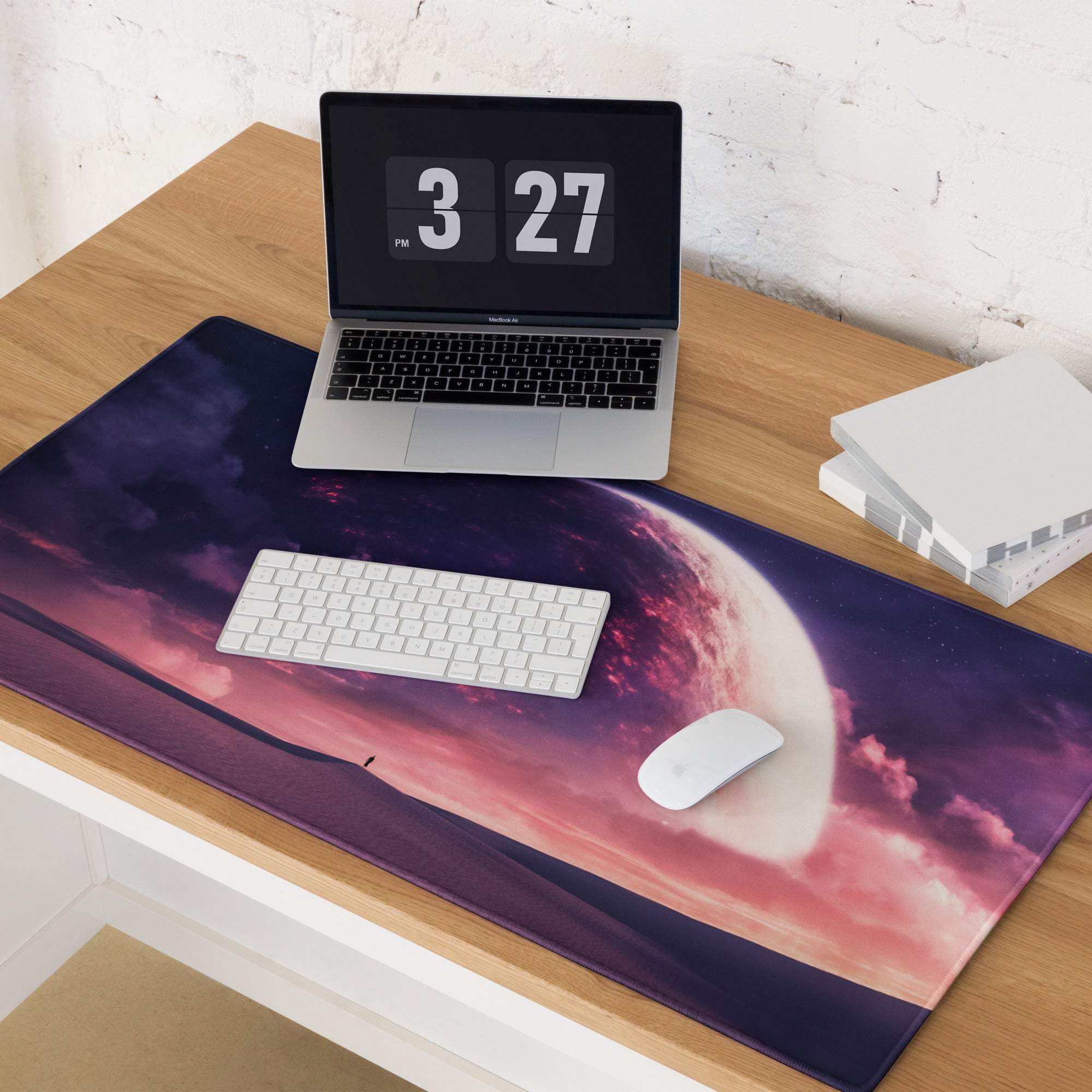 Cosmic Dusk Nebula velvet mouse pad with pink purple nebula planet scene