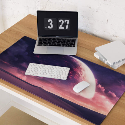 Cosmic Dusk Nebula velvet mouse pad with pink purple nebula planet scene
