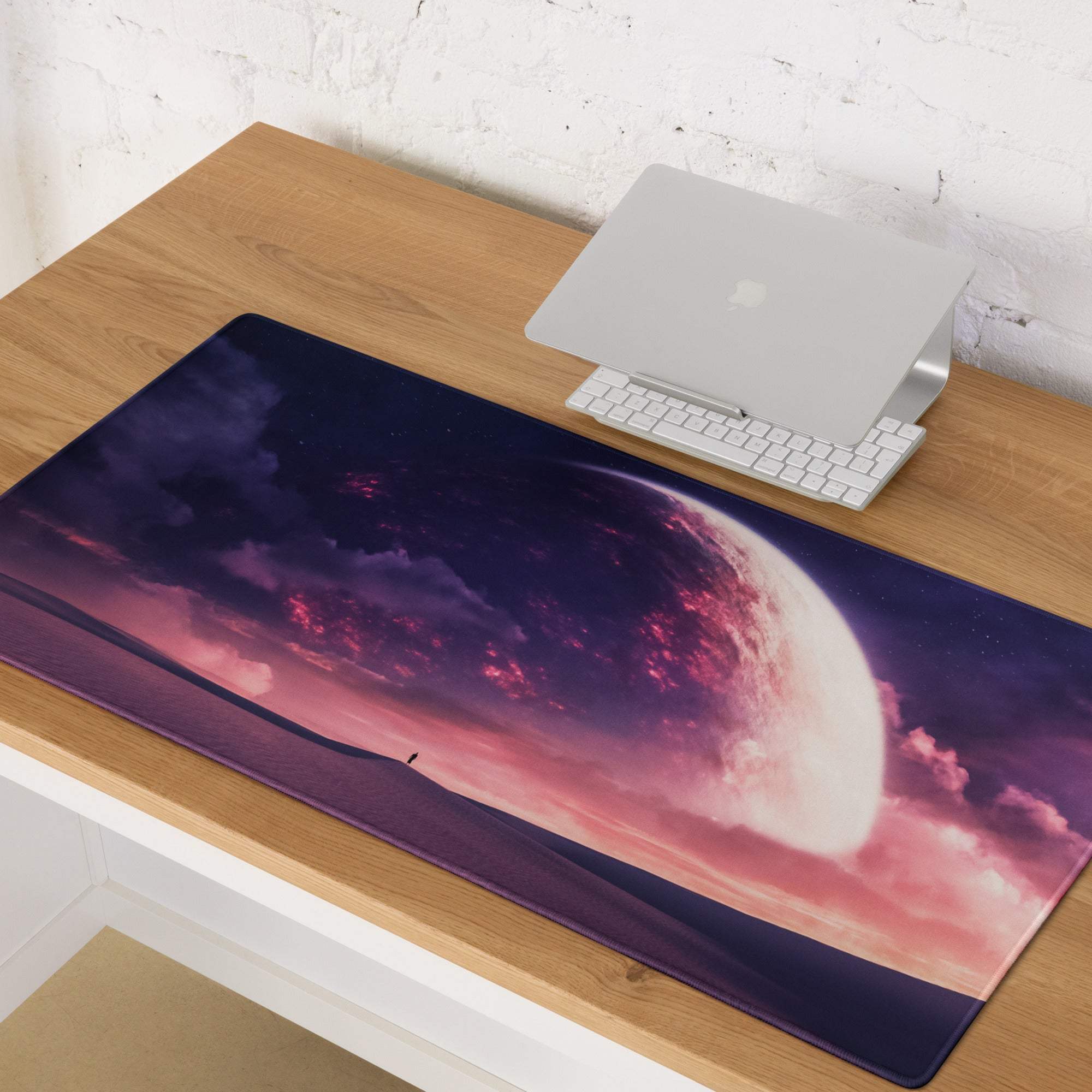 Cosmic Dusk Nebula velvet gaming mouse pad with pink purple planet scene
