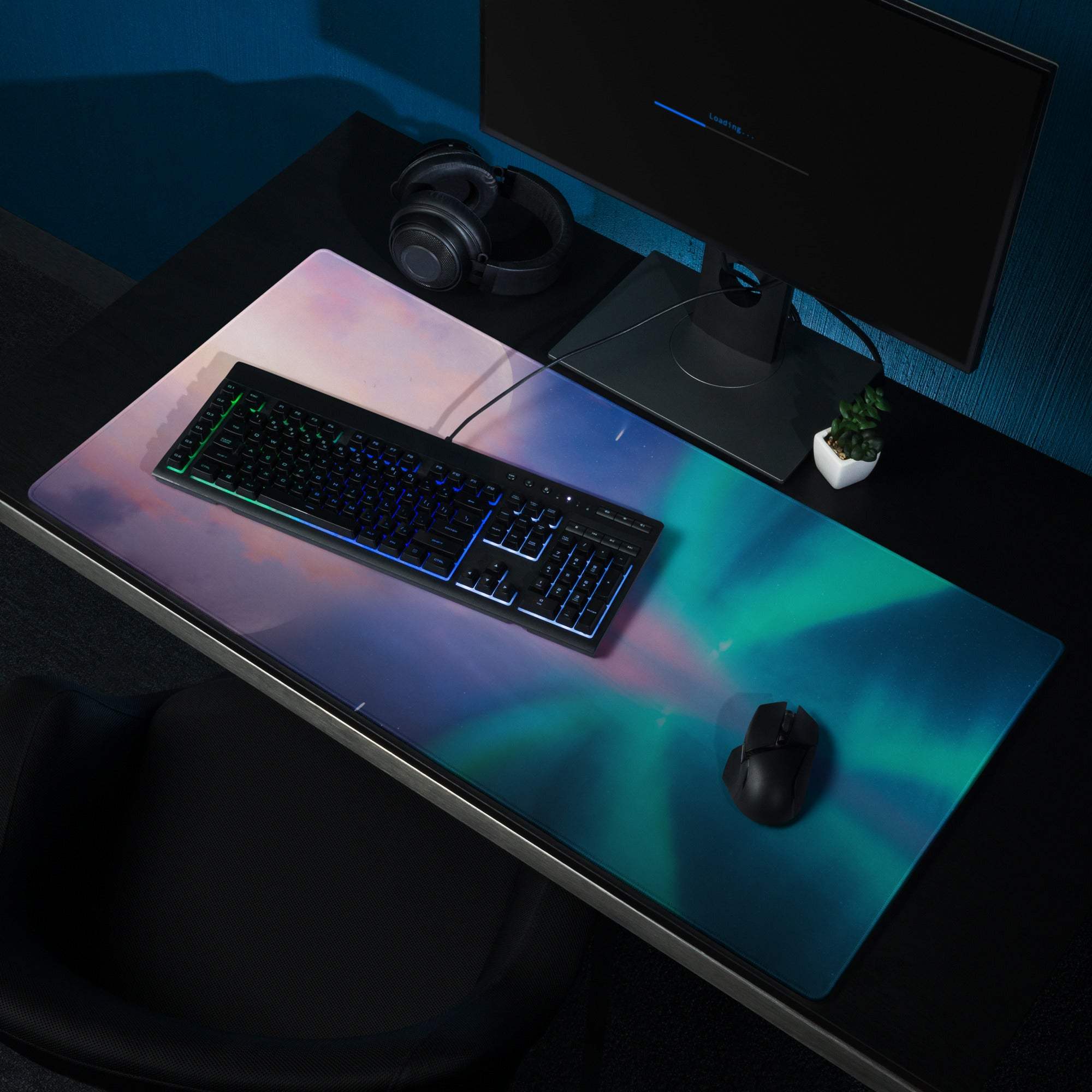 Dreamy Aurora gaming mouse pad with teal-pink aurora design, non-slip backing