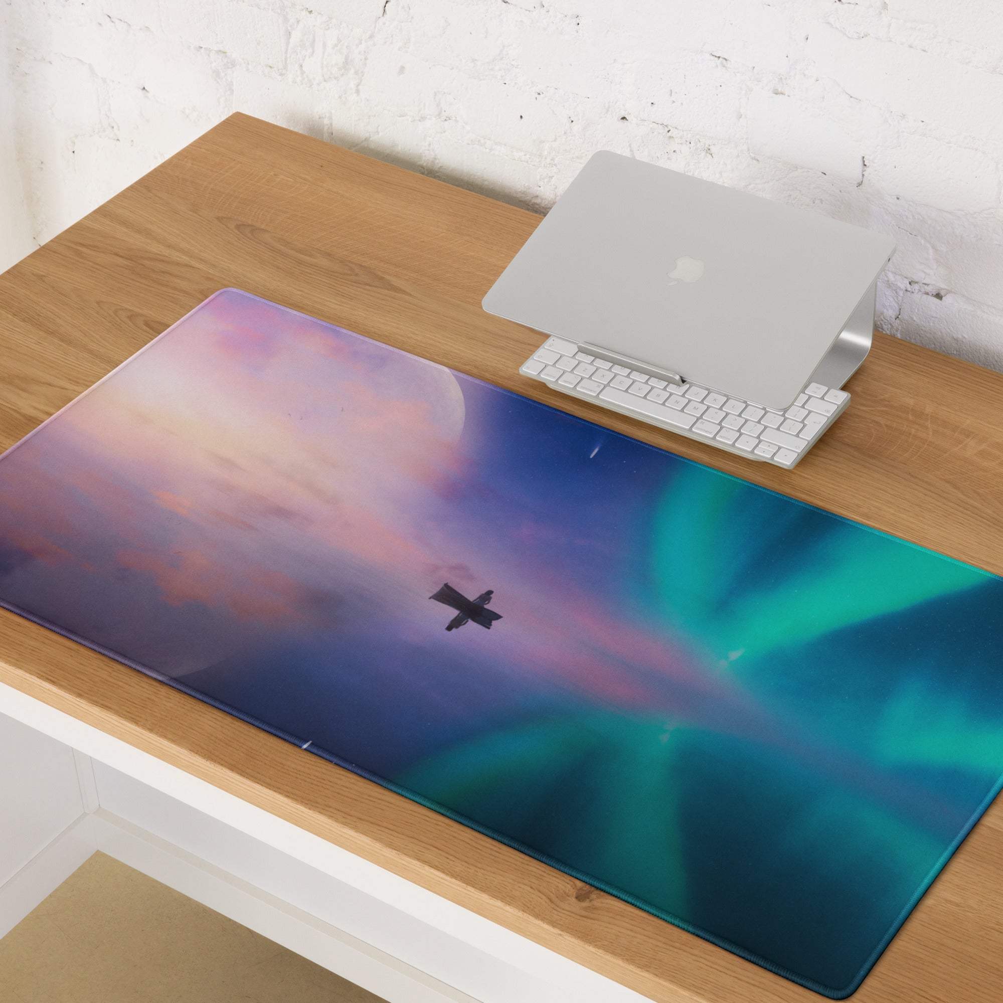 Dreamy aurora gaming mouse pad with airplane silhouette, non-slip backing