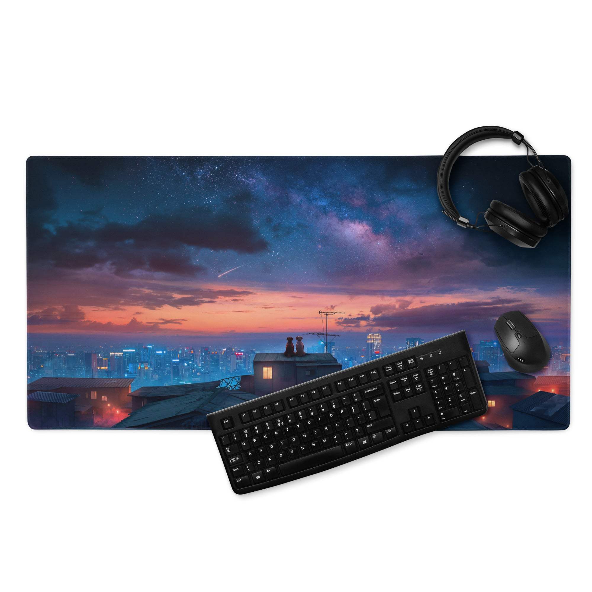 Epic Twilight Sunset City Skyline gaming mouse pad with anime dusk cityscape