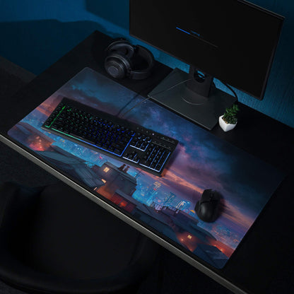 Epic Twilight Sunset City Skyline gaming mouse pad with non-slip edges