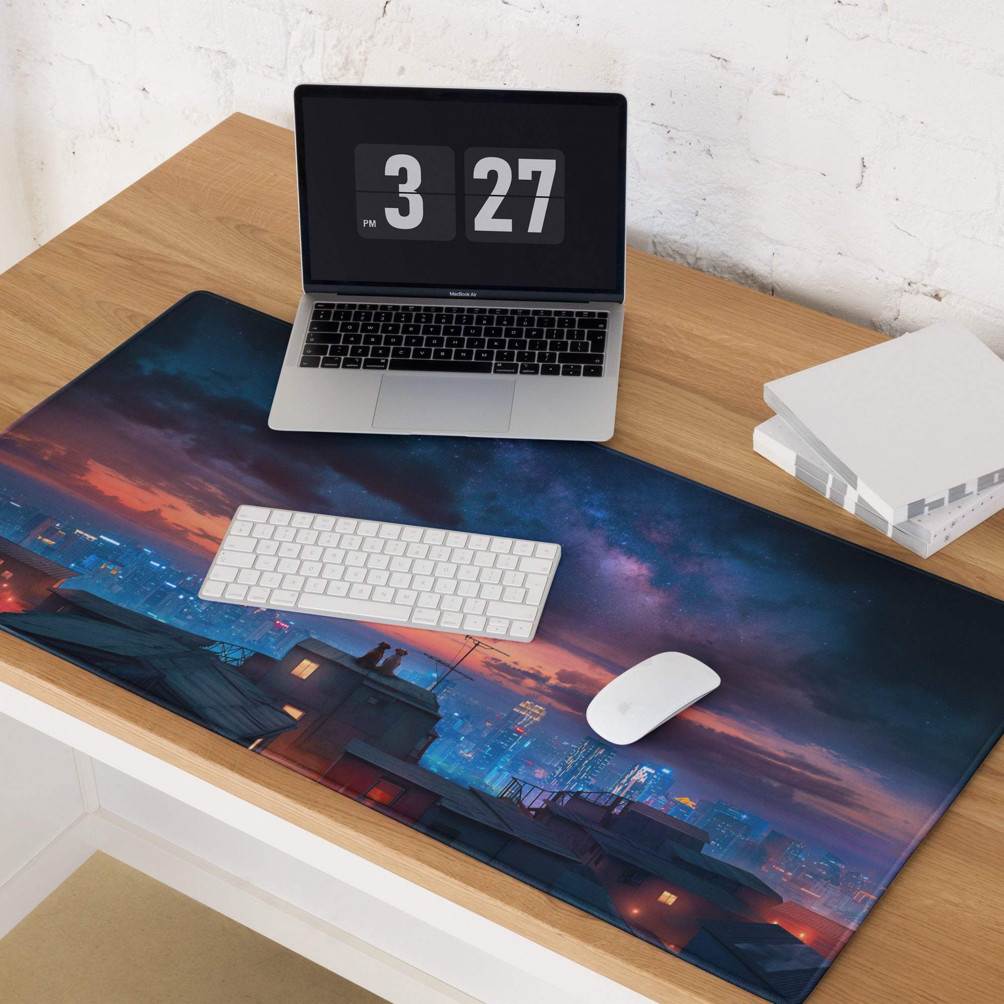 Epic twilight sunset city skyline gaming mouse pad, large non-slip stitched edge