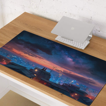 Epic Twilight Sunset City Skyline gaming mouse pad with non-slip edge stitching