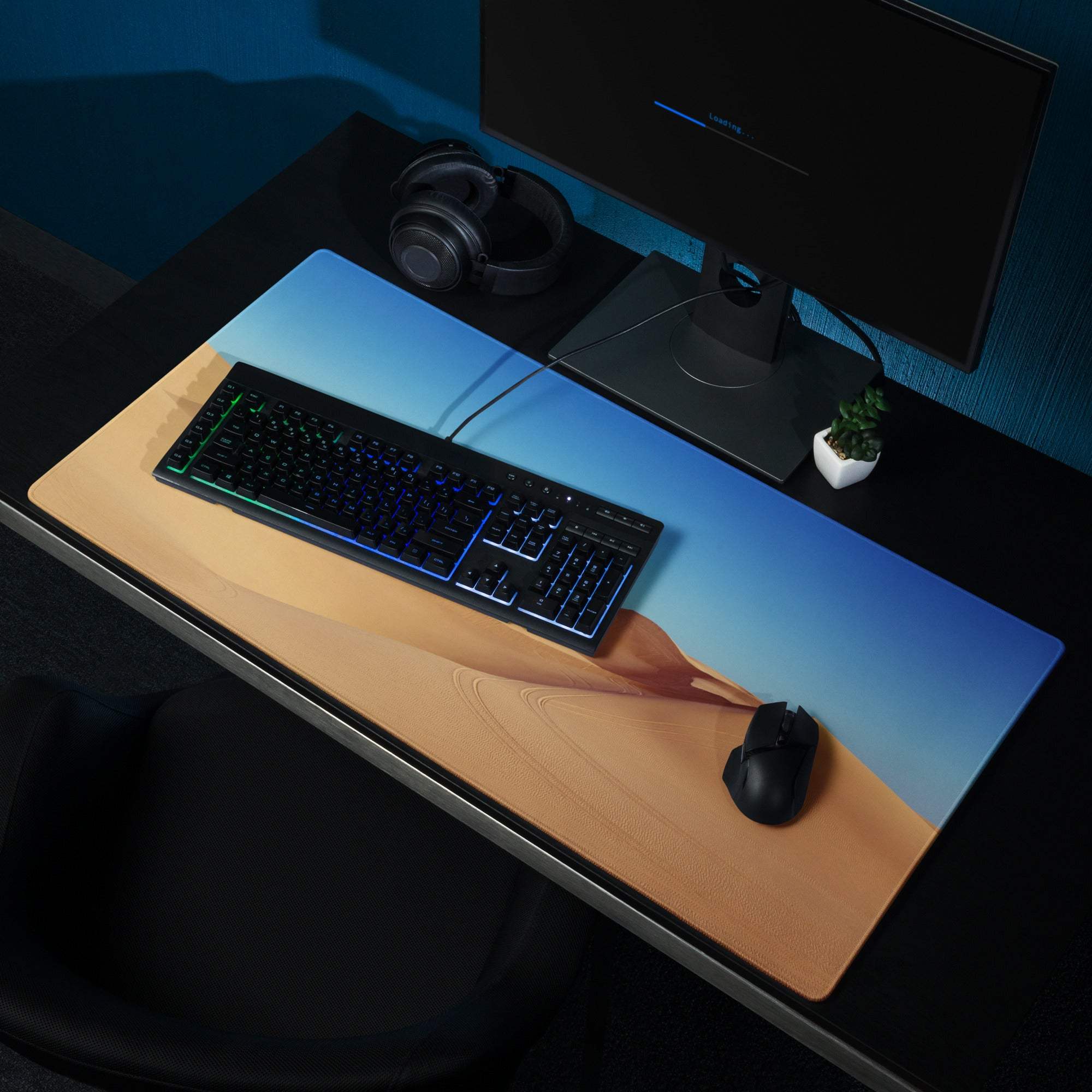 Desert Dunes Sunrise large desk mat with blue-to-tan gradient wood grain