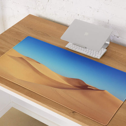 Desert Dunes Sunrise wide non-slip stitched gaming mouse pad with sand dunes and blue sky