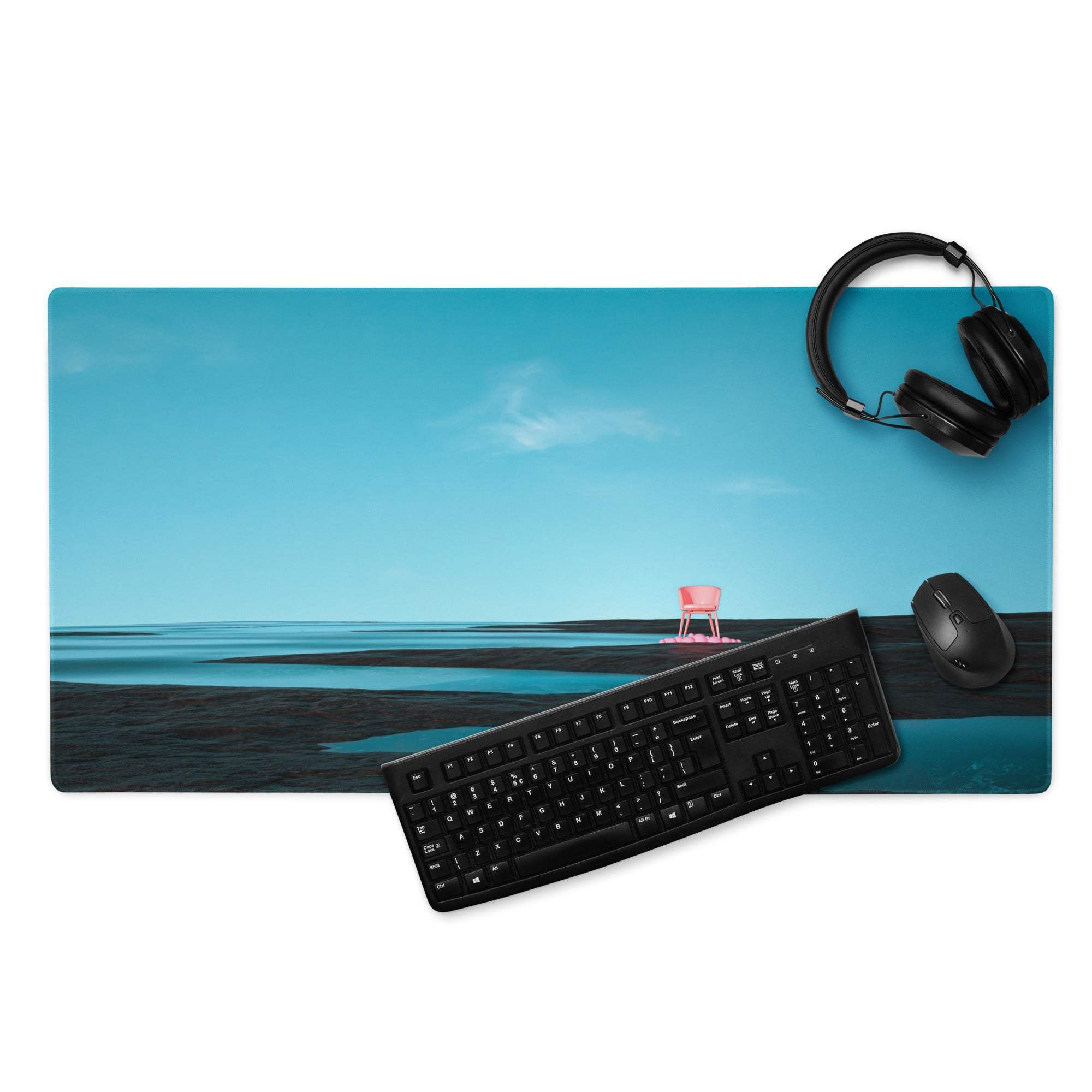 Calm Ocean Blue gaming mouse pad with turquoise beach, pink chair, non-slip base