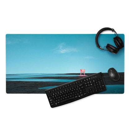 Calm Ocean Blue gaming mouse pad with turquoise beach, pink chair, non-slip base