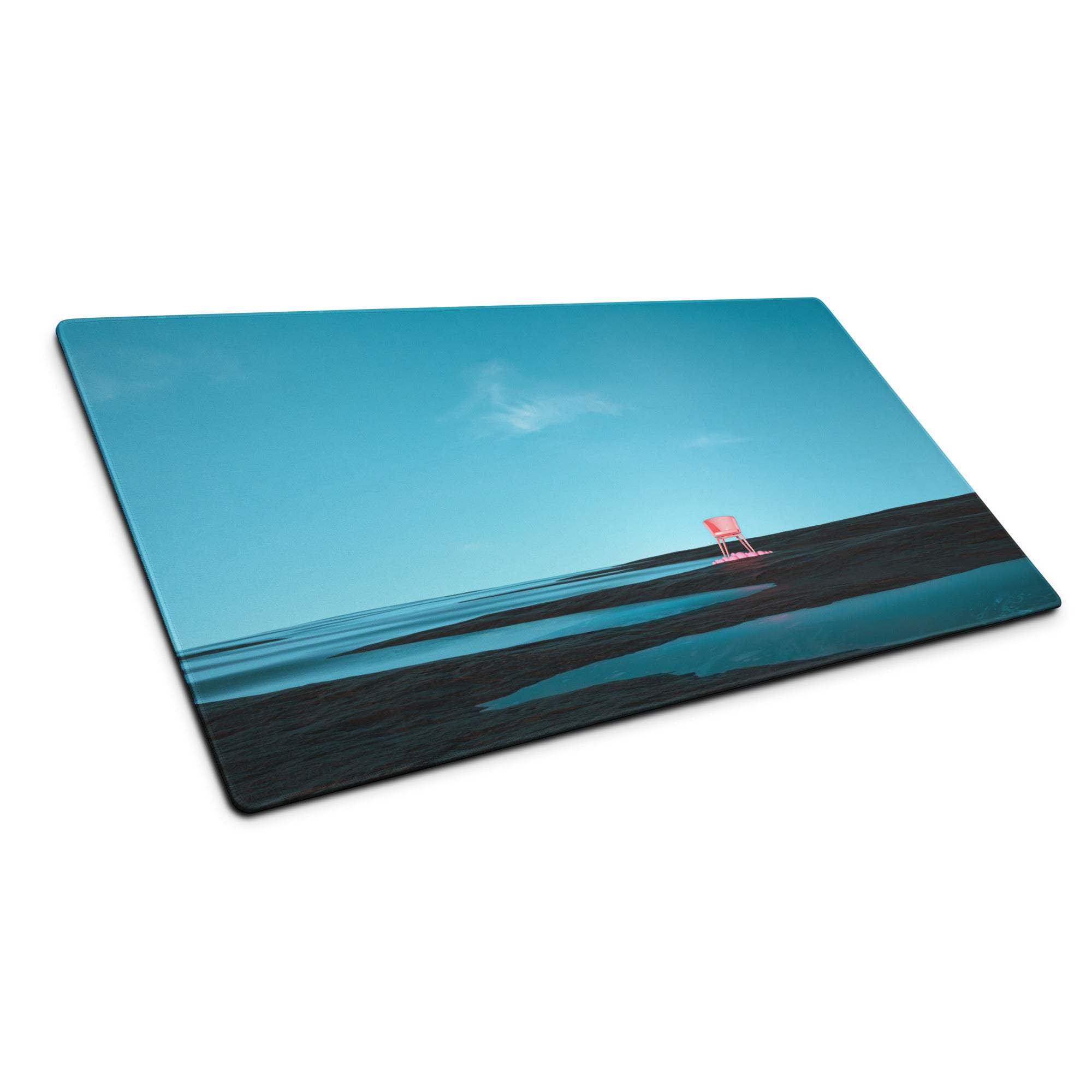 Calm ocean blue beach scene mouse pad with pink chair, non-slip base