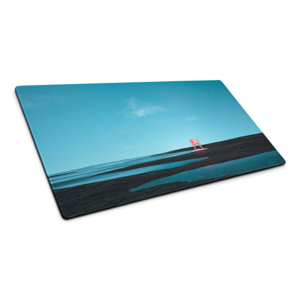 Calm ocean blue beach scene mouse pad with pink chair, non-slip base