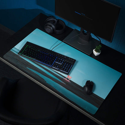 Calm Ocean Blue gaming mouse pad with teal black waves, pink chair, non-slip base