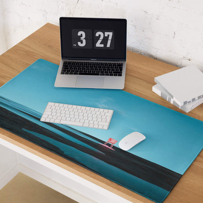 Calm ocean blue gaming mouse pad with teal waves, pink chair on dock