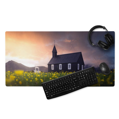 Black church sunset field gaming mouse pad with non-slip backing