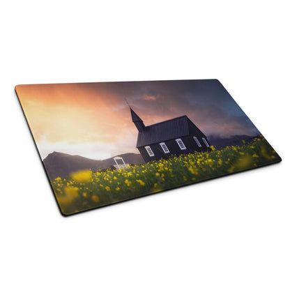 Epic sunset field church landscape large gaming mouse pad with yellow flowers