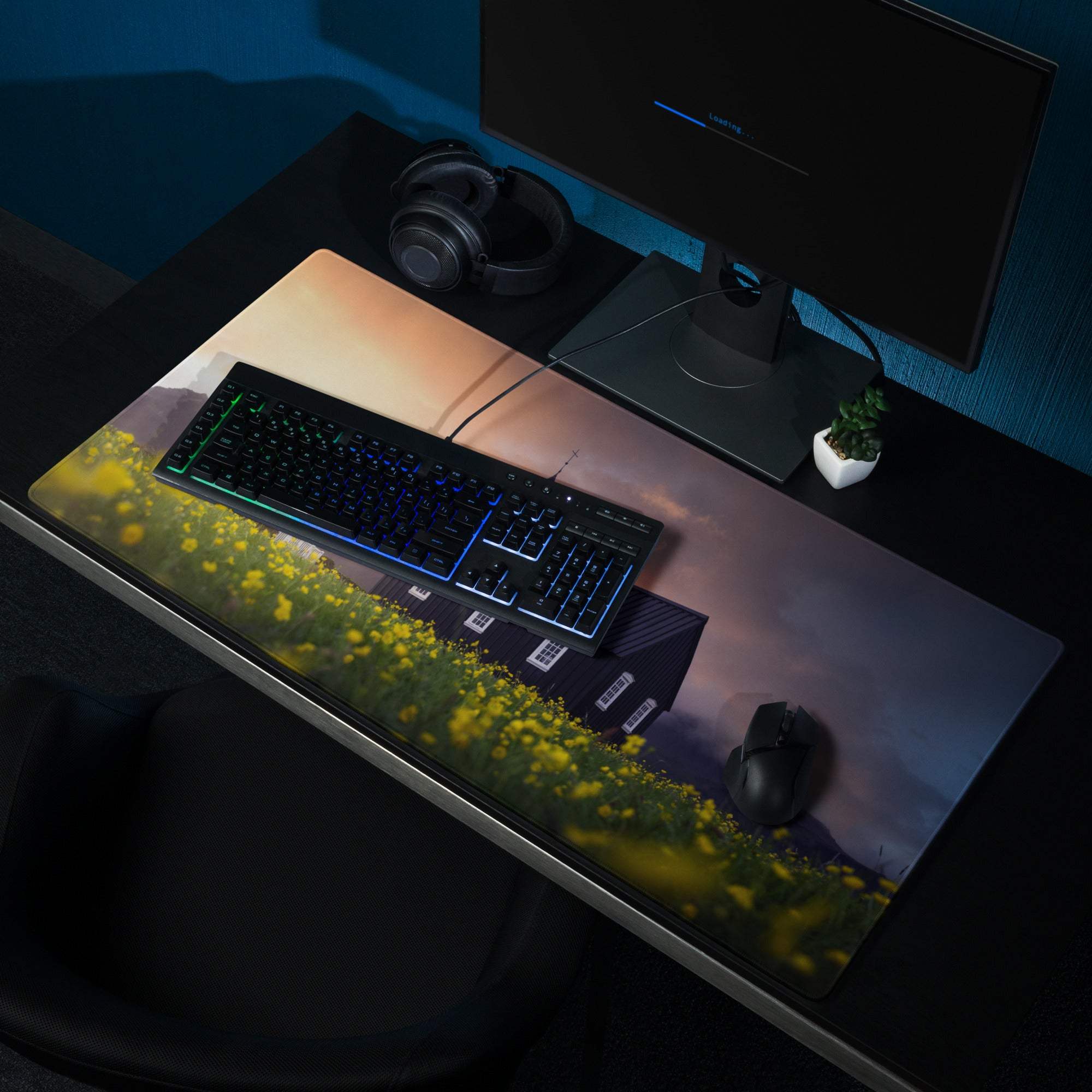 Epic Sunset Field Church Landscape gaming mouse pad with yellow flowers, keyboard, mouse