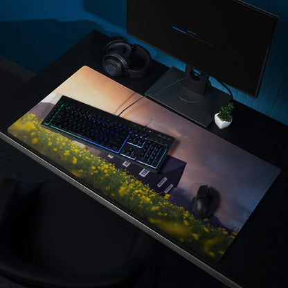 Epic Sunset Field Church Landscape gaming mouse pad with yellow flowers, keyboard, mouse