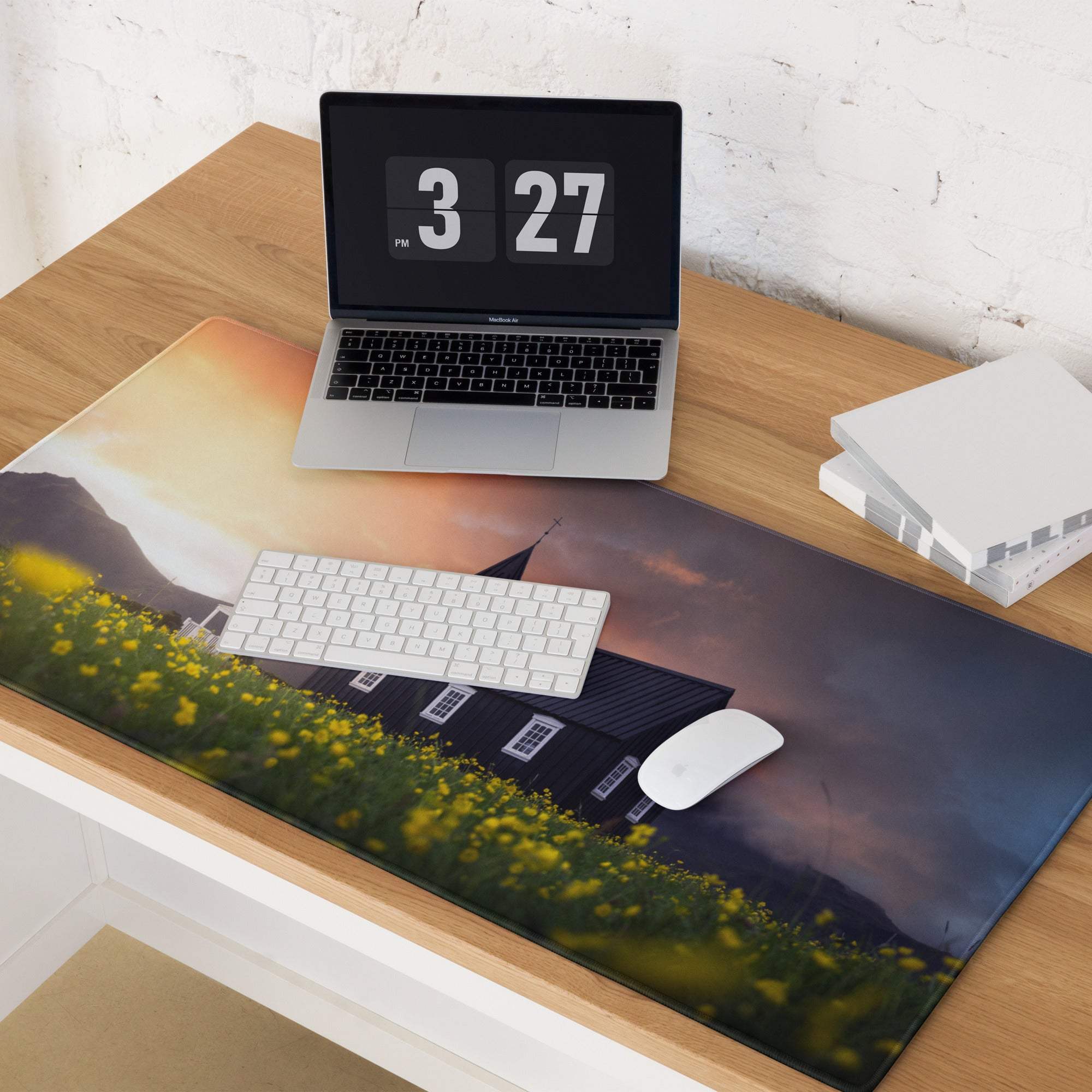 Epic sunset field church gaming mouse pad with black house and yellow flowers