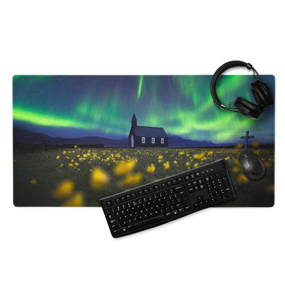 Aurora northern lights gaming mouse pad with yellow flowers and church