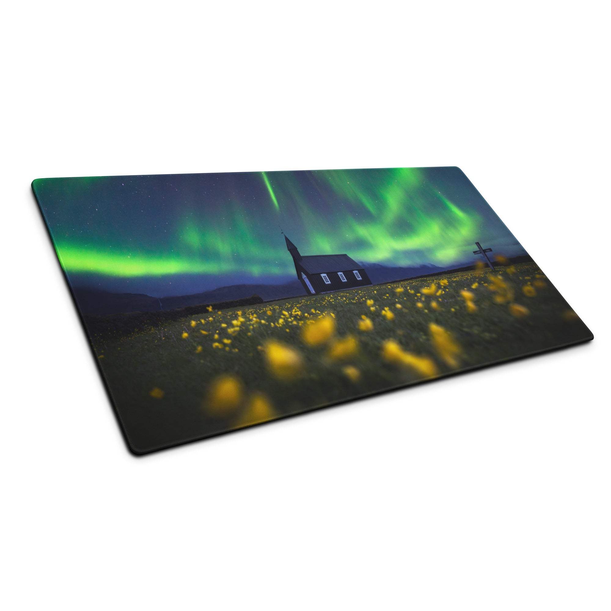 Large Aurora Northern Lights gaming mouse pad with green aurora, dark church, yellow flowers