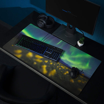 Aurora Northern Lights gaming mouse pad with vibrant aurora design, keyboard, mouse
