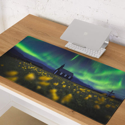 Vibrant aurora borealis gaming mouse pad with church silhouette and flowers
