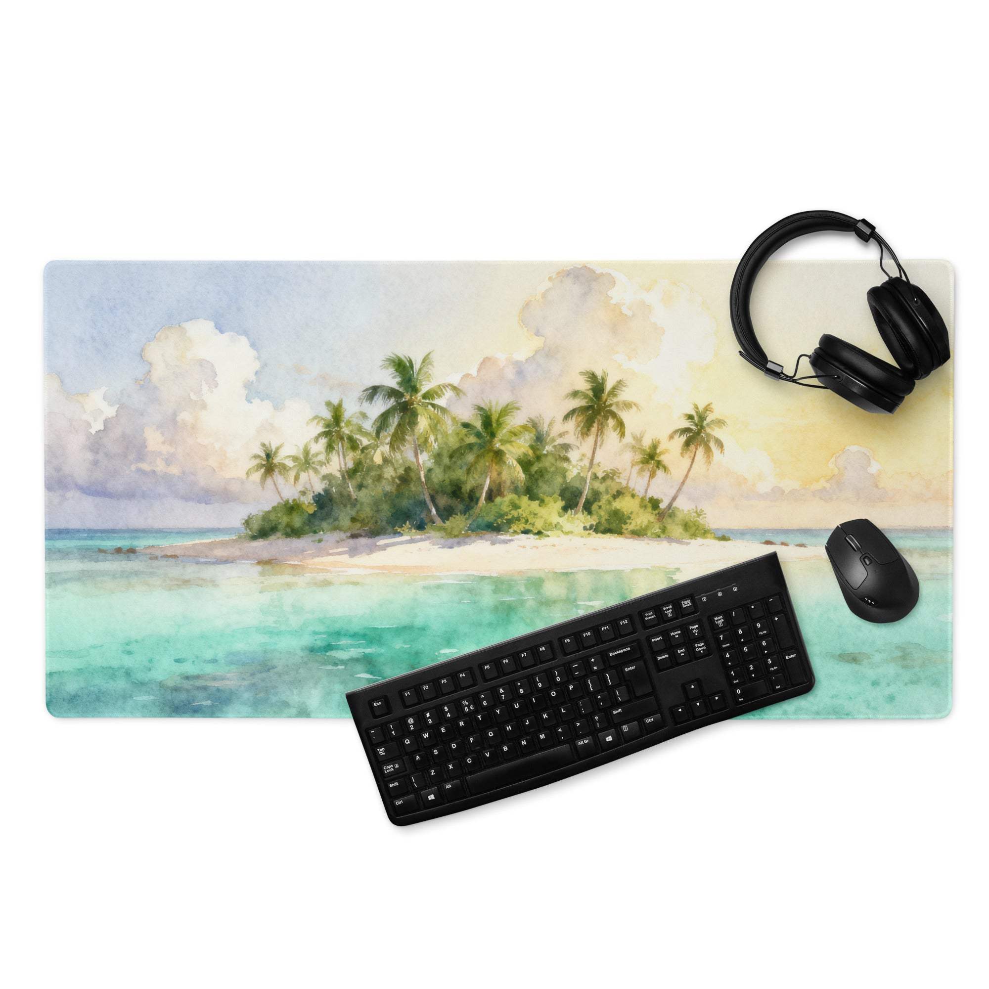 Watercolor tropical island gaming mouse pad with large size and non-slip backing