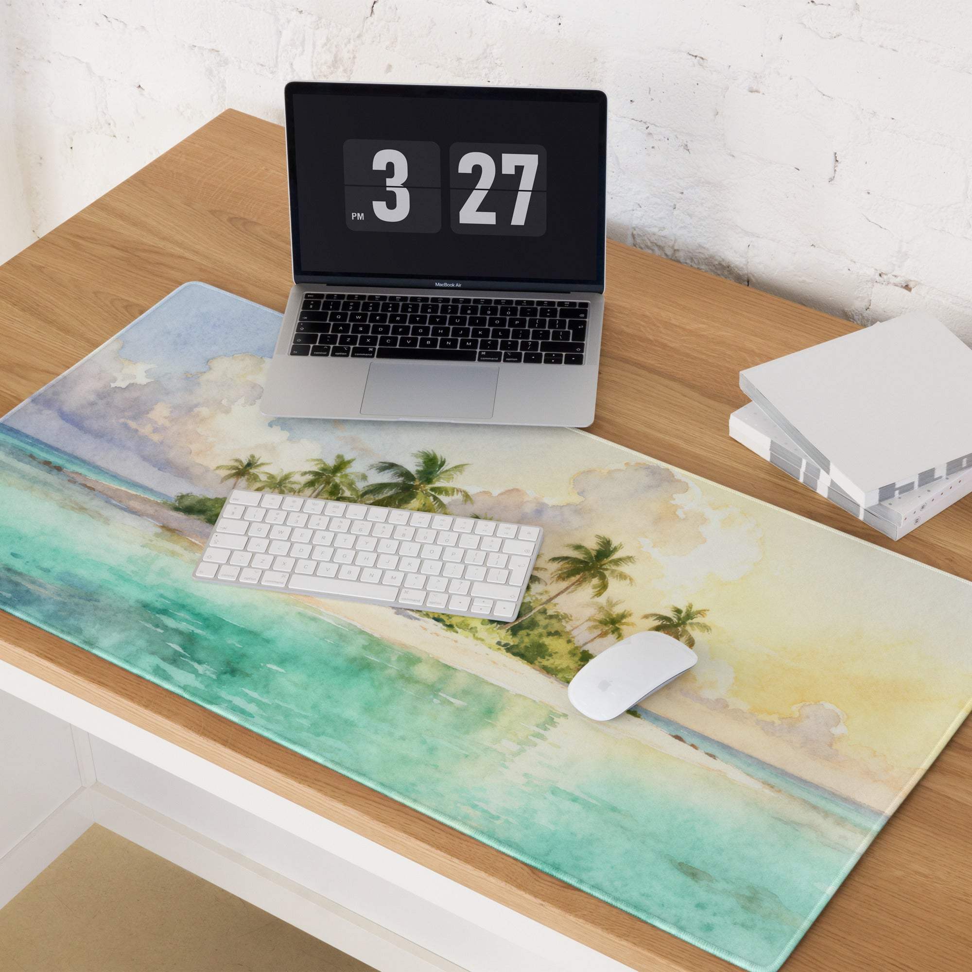 Beige teal watercolor tropical beach mouse pad with palm trees waves non-slip backing