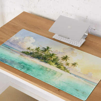 Watercolor tropical island gaming mouse pad with turquoise waves, palms, non-slip backing