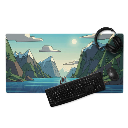 Epic Mountain Landscape Viking Ship Gaming Mouse Pad, Large Non-Slip Blue Design