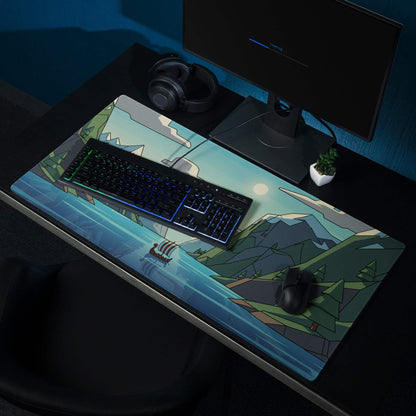 Blue green geometric mountain Viking ship gaming mousepad with non-slip base