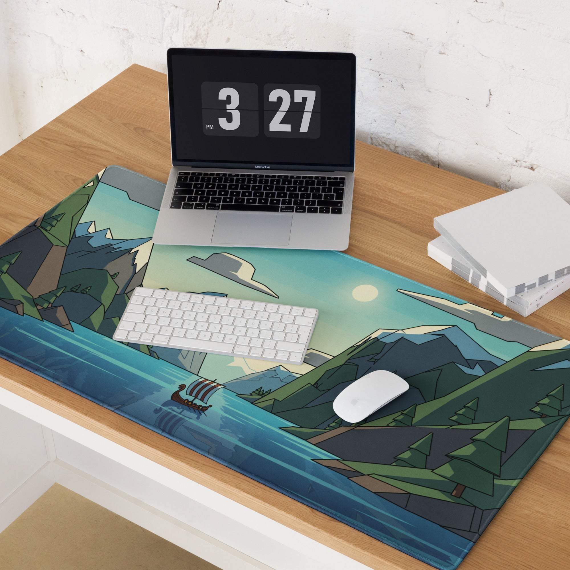 Epic Mountain Landscape Gaming Mouse Pad with Viking Ship Scene