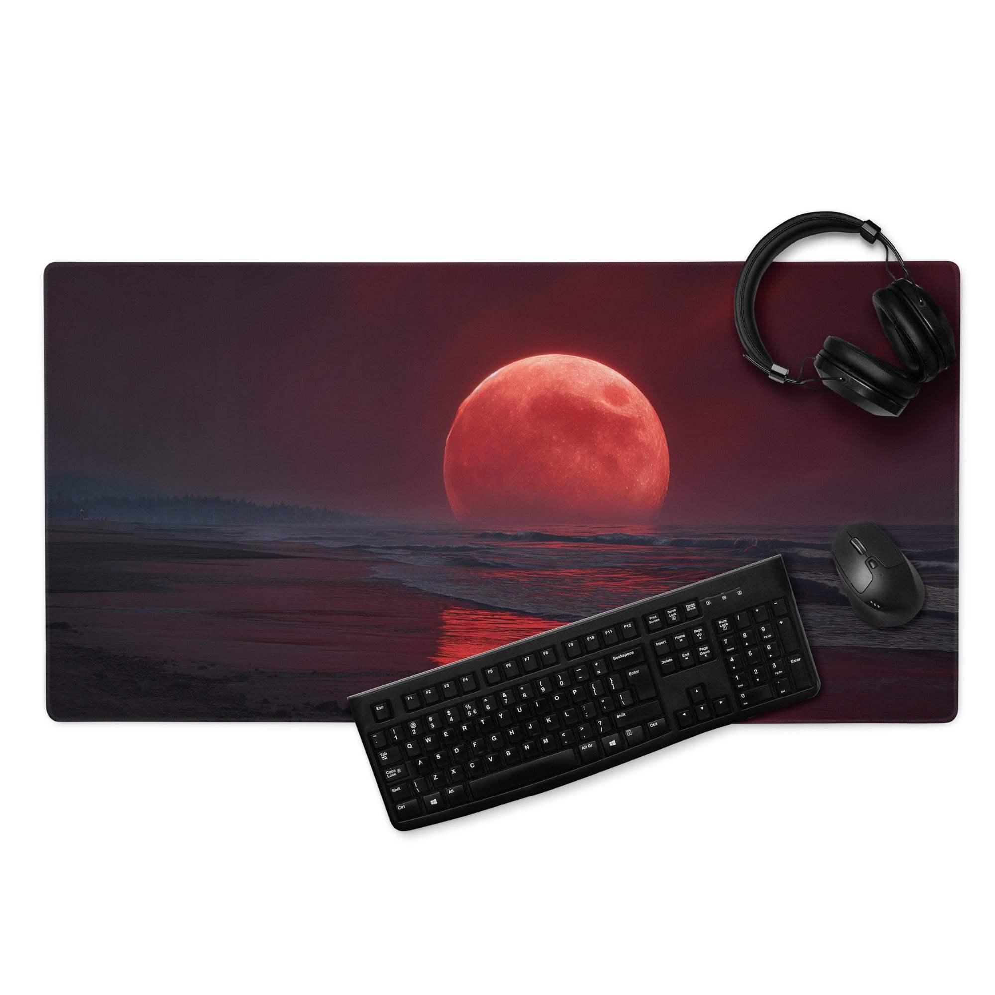 Epic large gaming mouse pad with red moonrise, black keyboard and mouse on top