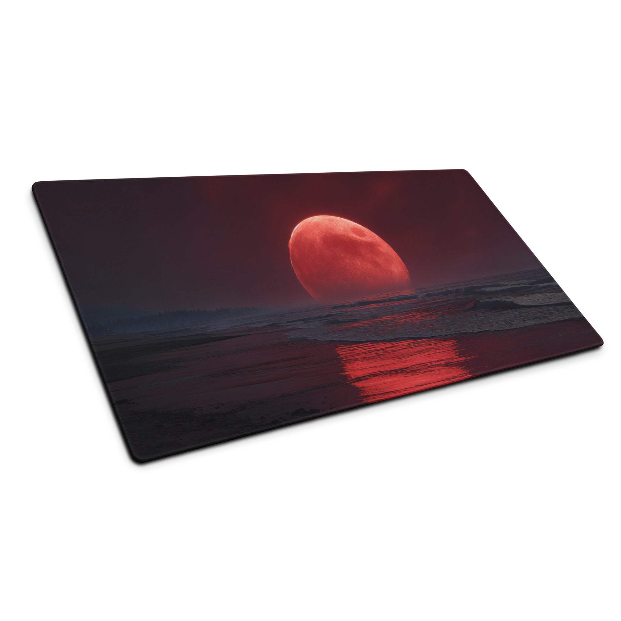 Epic large gaming mouse pad with red moon over dark water print