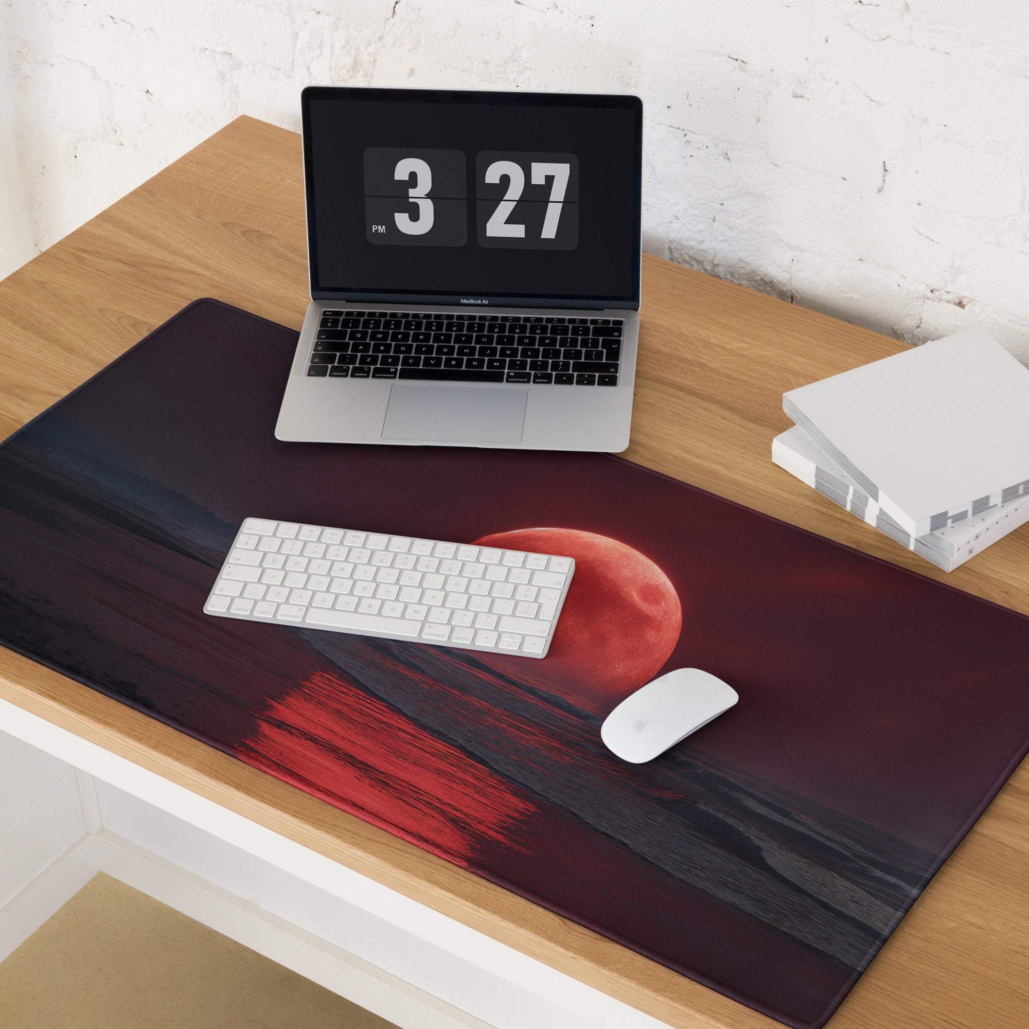 Epic large gaming mouse pad with red moon over moody skies, non-slip base
