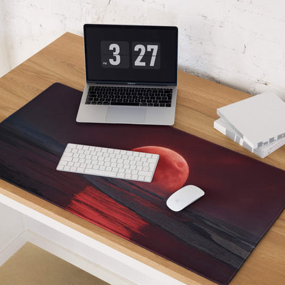 Epic large gaming mouse pad with red moon over moody skies, non-slip base