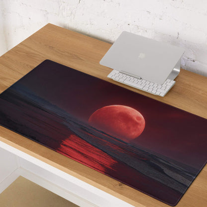 Epic large gaming mouse pad with red moon over water, non-slip base