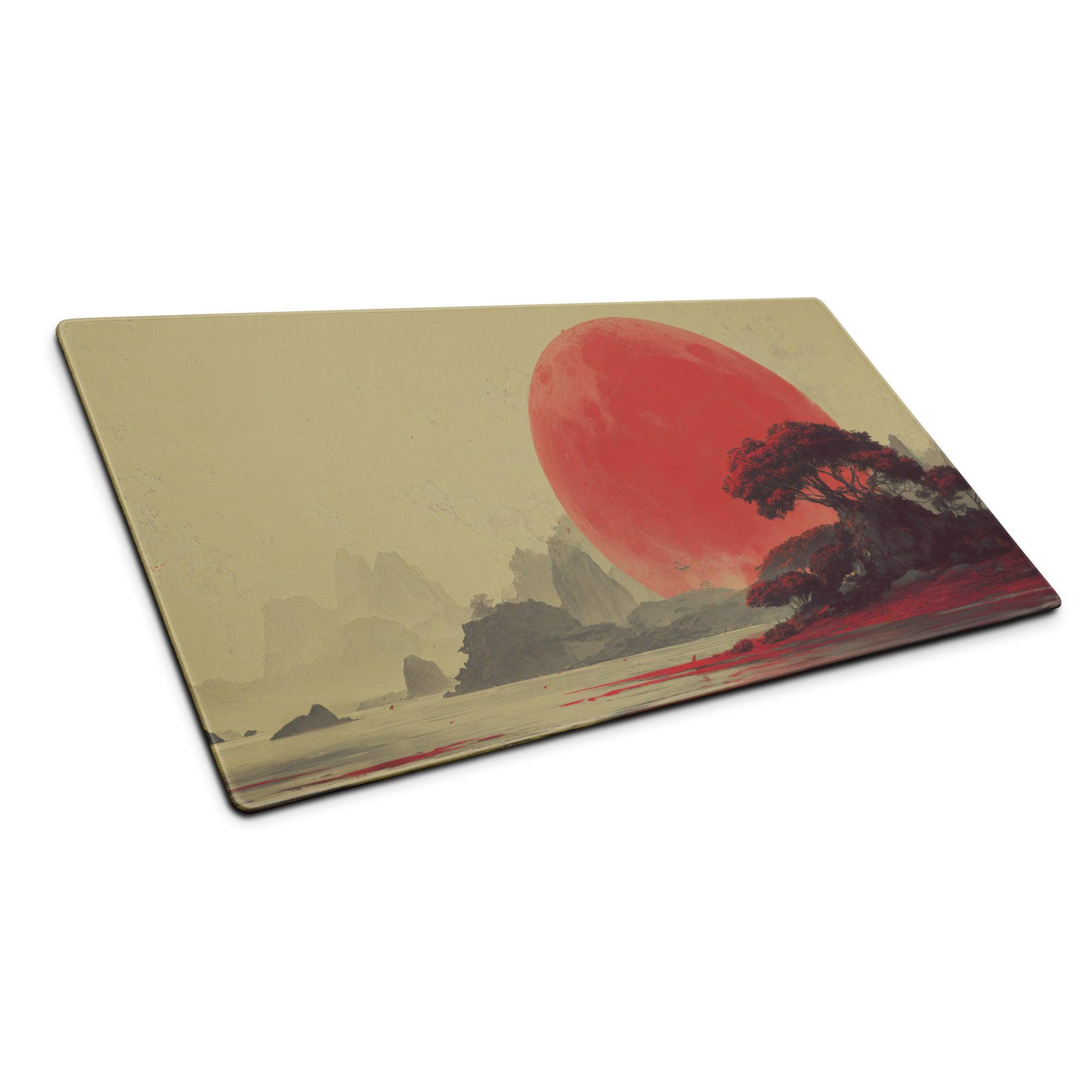 Rectangular beige cutting board with dreamlike red sun coastal landscape print